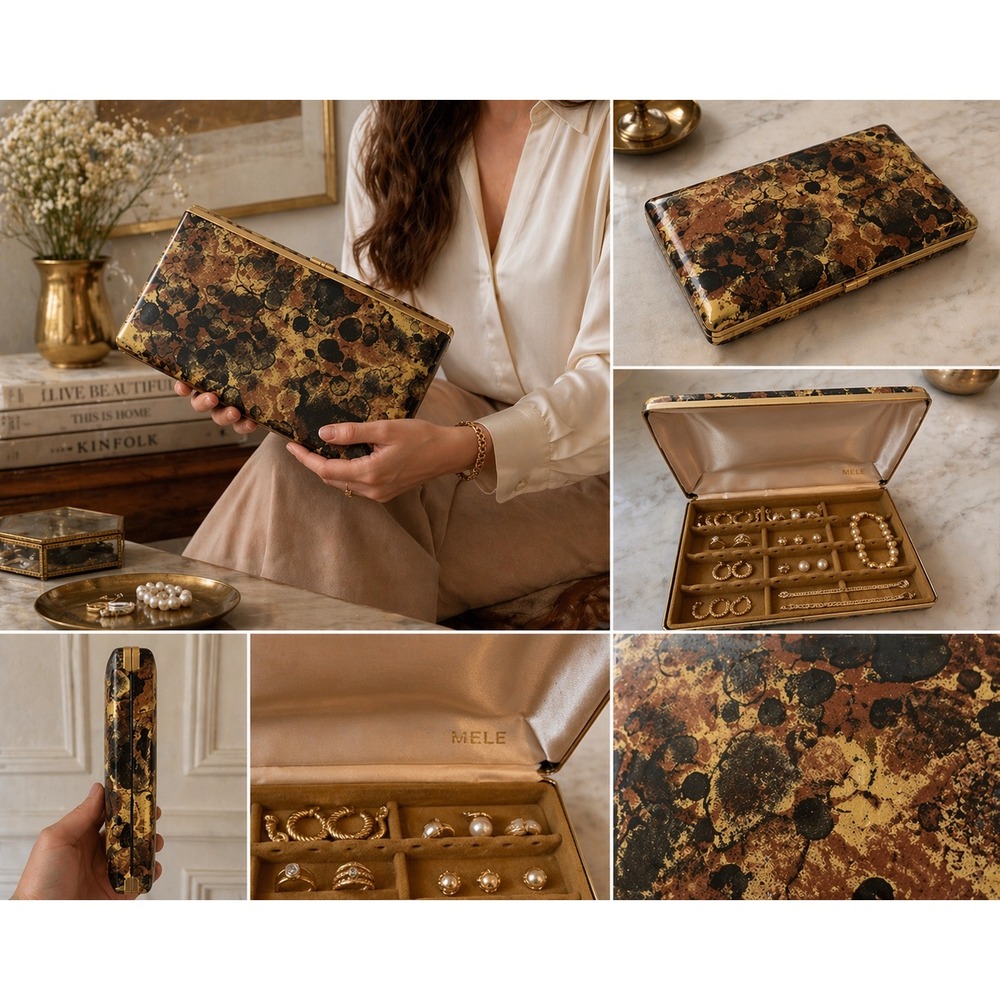 Mele Vintage Travel Jewelry Box Case Gold Tortoiseshell Abstract Splatter MCM